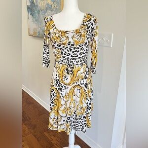 Tahari Yellow and Black Long Sleeve Dress with Cheetah Print, Size 4